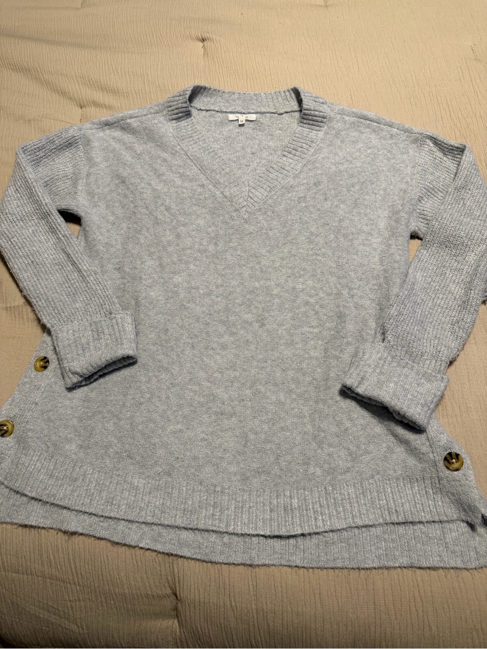 Light Gray V-Neck Women's Sweater with Side Button Detail